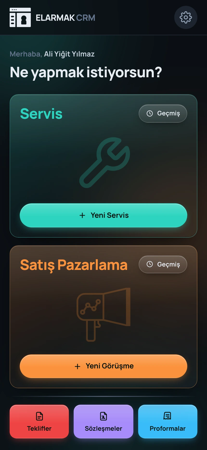 ELARMAK mobil operasyon sisteminin servis ve satış seçenekleri bulunan ana ekranı