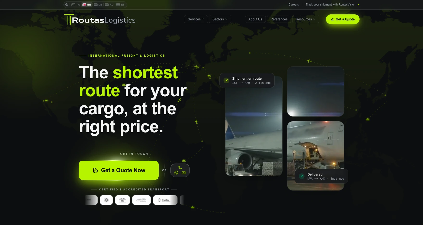 The Routas Logistics home page