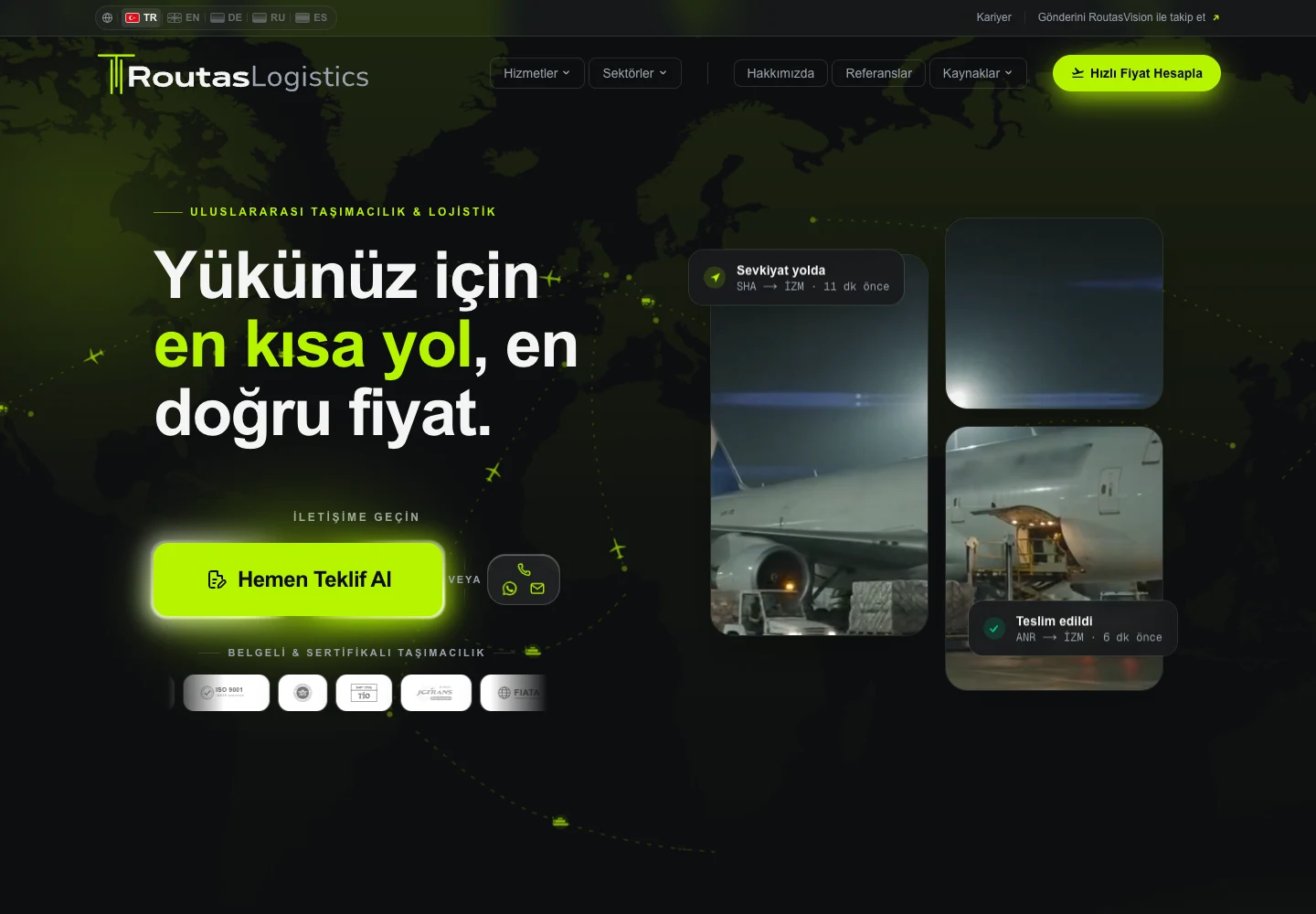 Routas Logistics web sitesinin ana sayfası