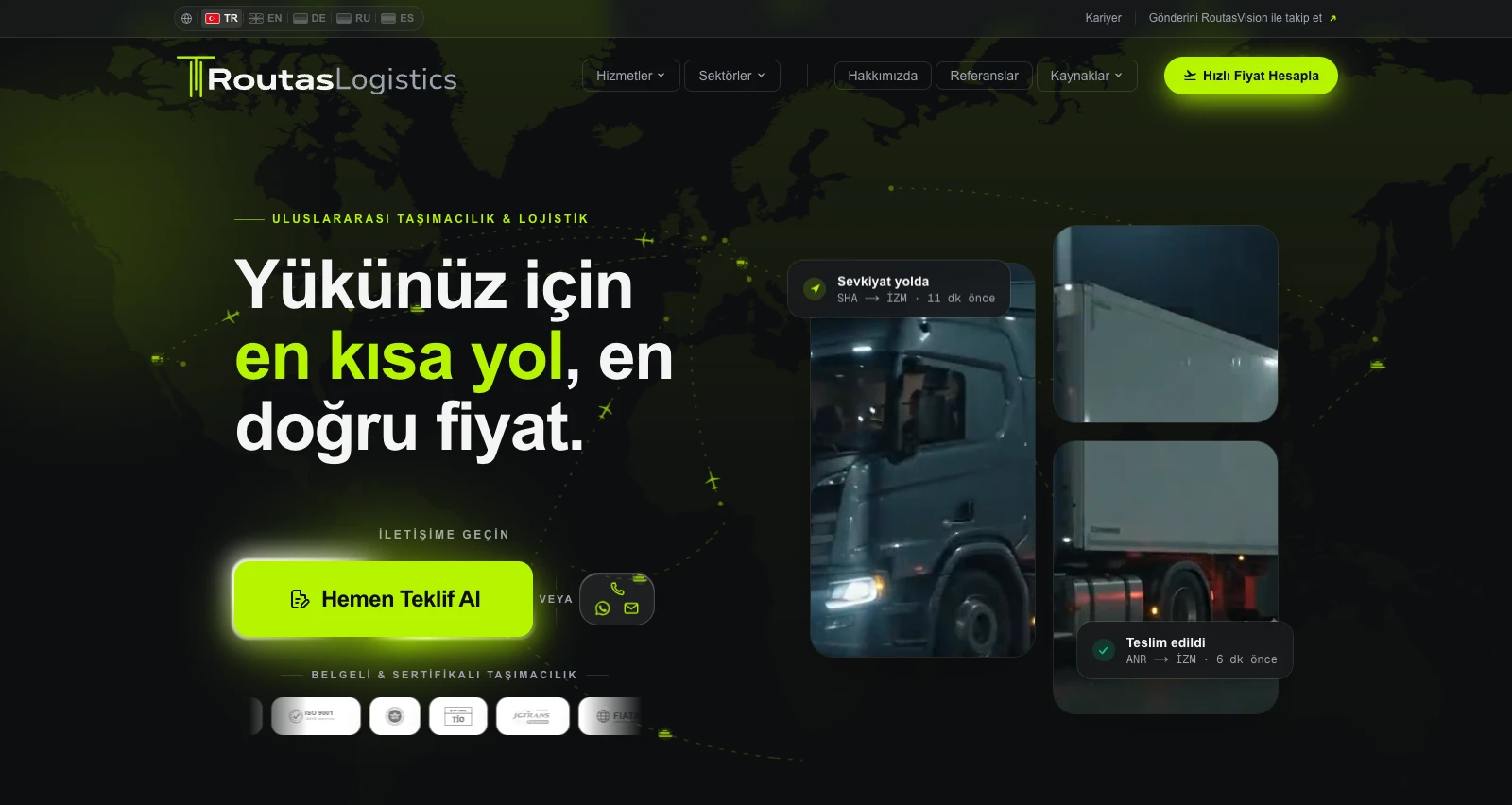 Routas Logistics web sitesinin ana sayfası