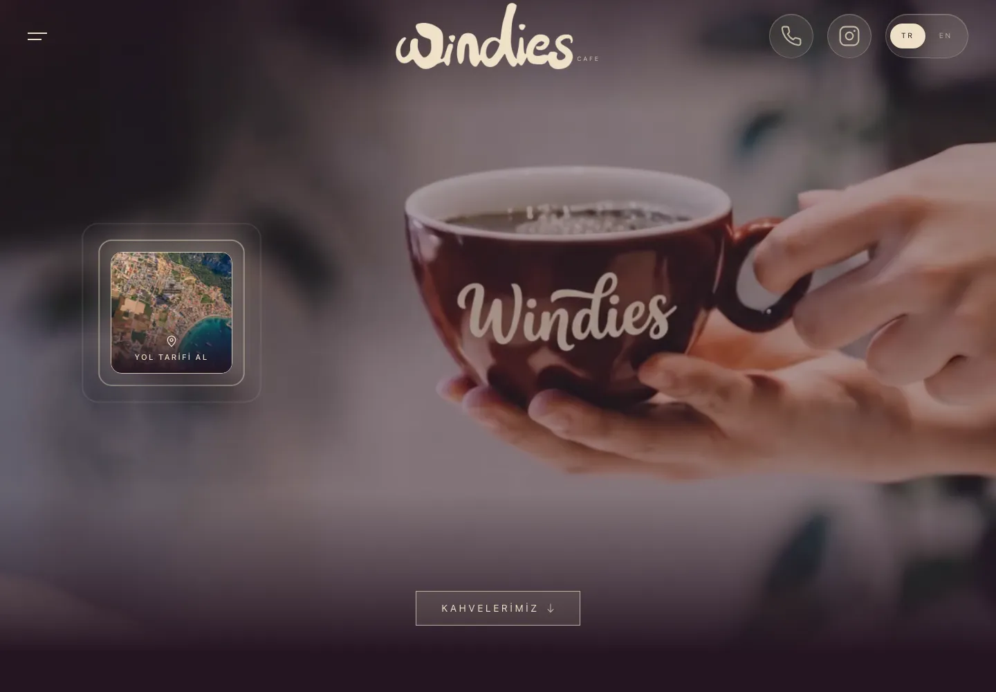 Windies Coffee House ana sayfasında kahve videosu ve yol tarifi kartı